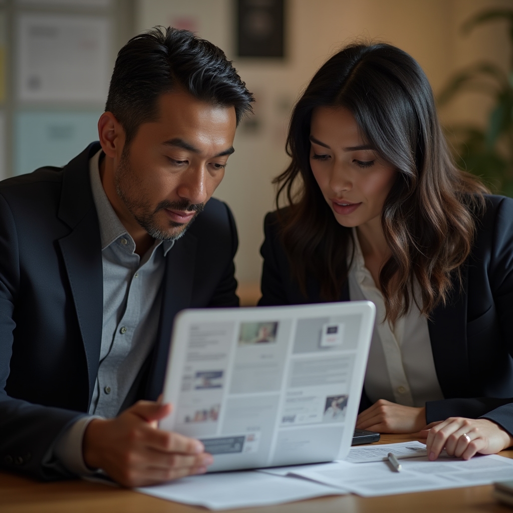 Two professionals collaborating over a laptop and printed brand guidelines while reconciling editorial style between two merged websites