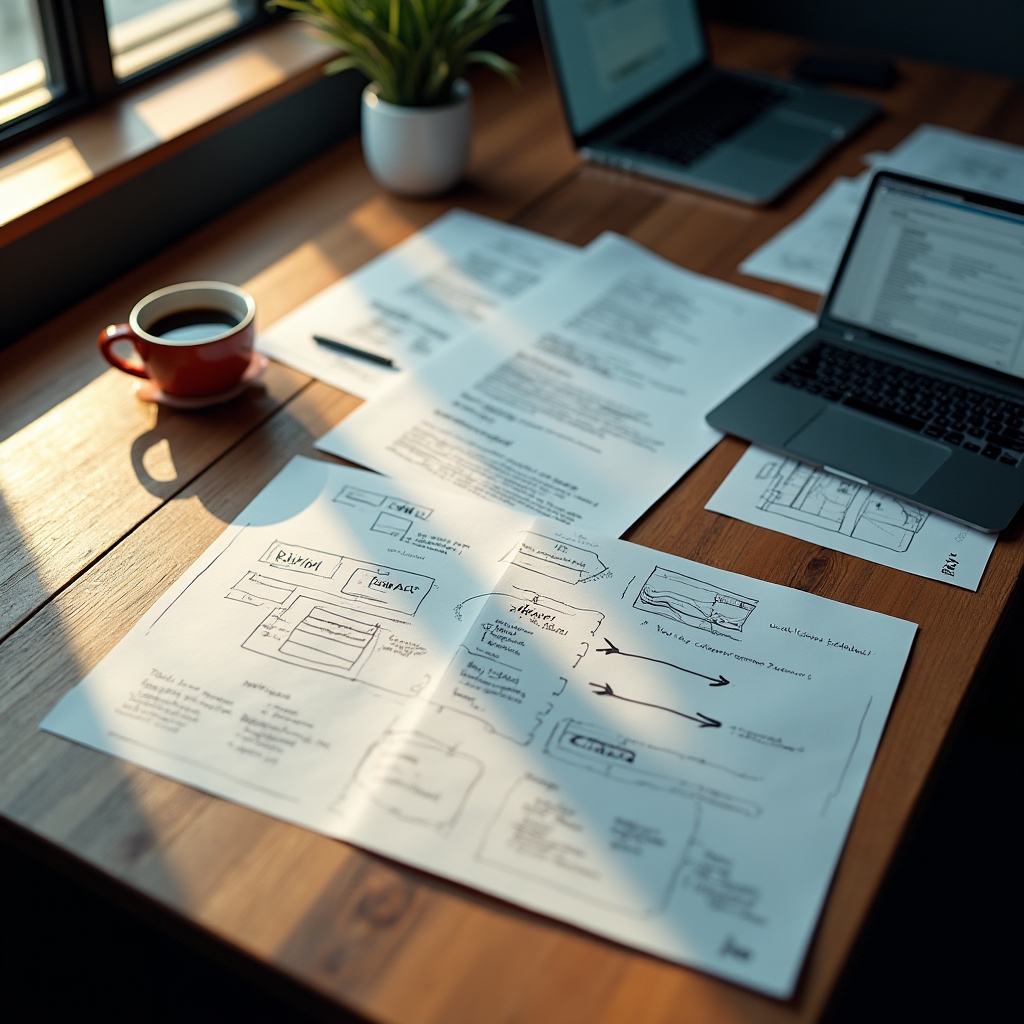 Overhead view of a strategist's desk covered in printed site maps and redirect diagrams from a multi-domain content migration