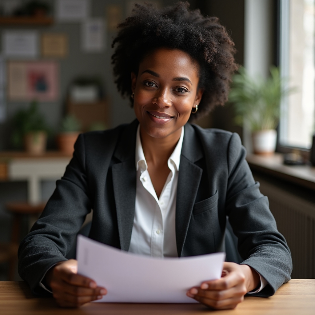 Senior content strategist in business attire reviewing a printed content audit report at a desk surrounded by reference materials