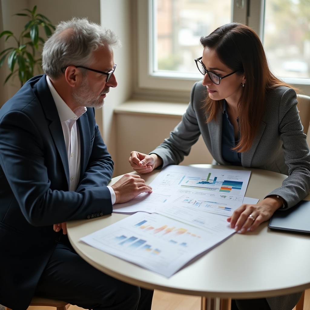 Client and consultant sitting across a table reviewing a domain consolidation strategy document together